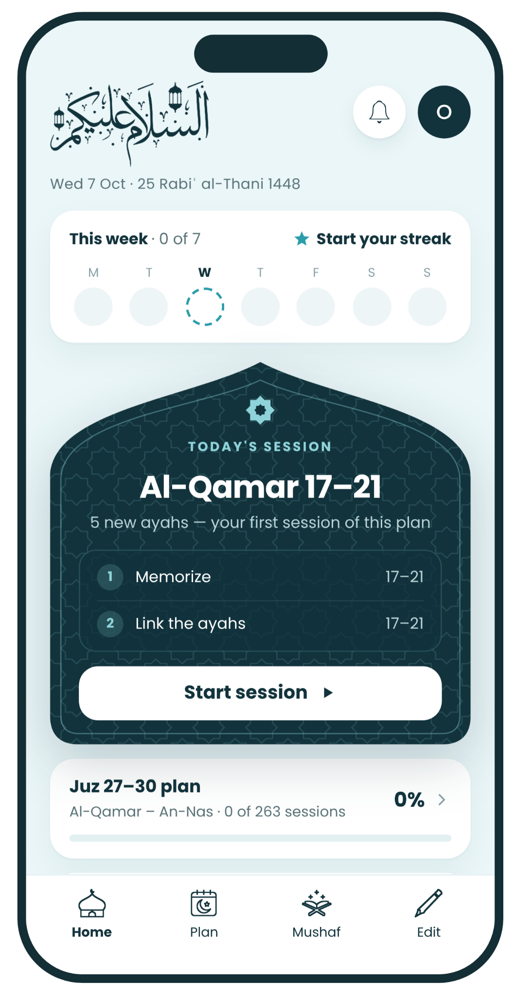 Hafidh home screen with today's session and this week's practice